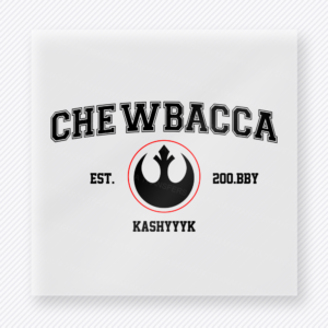 Chewbacca Kashyyyk Varsity Mouse House DTF transfer featuring Chewbacca varsity lettering with Kashyyyk text, Rebel emblem artwork, and established date details