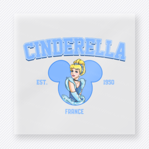 Cinderella France Mouse Ears Varsity Mouse House DTF transfer featuring Cinderella princess artwork with blue mouse ears, varsity lettering, France text, and established year details