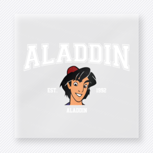 Aladdin Light Varsity Mouse House DTF transfer featuring a light-toned Aladdin character varsity design with established year and story text details