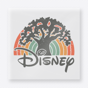 Retro Tree Of Life Disney Mouse House DTF transfer featuring Tree of Life silhouette over retro rainbow stripes with Disney script lettering