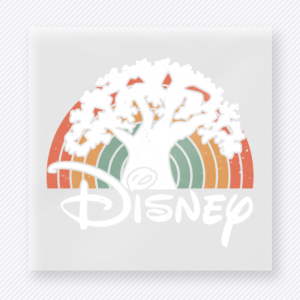 Retro White Tree Of Life Disney Mouse House DTF transfer featuring white Tree of Life silhouette over retro rainbow stripes with Disney script lettering