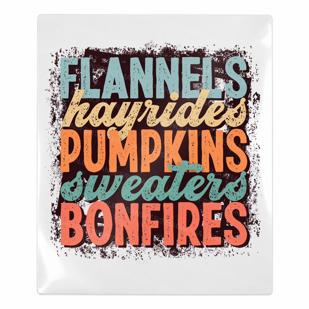 Flannels Hayrides Pumpkins Sweaters Bonfires Fall & Thanksgiving UV transfer for hard-surface products