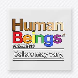Human Beings Colors May Vary Pride DTF transfer featuring Human Beings lettering with rainbow color bars and Colors May Vary text