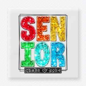 Senior Class Of 2024 Orange Glitter Seniors DTF transfer featuring stacked Senior lettering with orange glitter texture and class of 2024 text