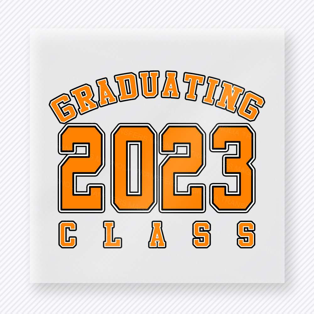 Graduating Class Of 2023 Orange Seniors DTF transfer featuring orange graduating class of 2023 varsity lettering