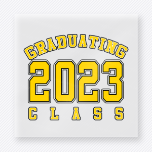 Graduating Class Of 2023 Yellow Seniors DTF transfer featuring yellow graduating class of 2023 varsity lettering
