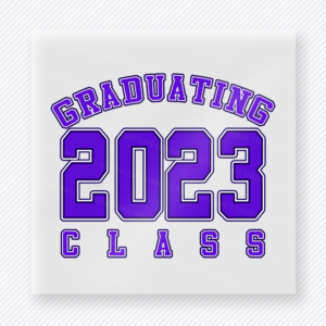 Graduating Class Of 2023 Purple Seniors DTF transfer featuring purple graduating class of 2023 varsity lettering