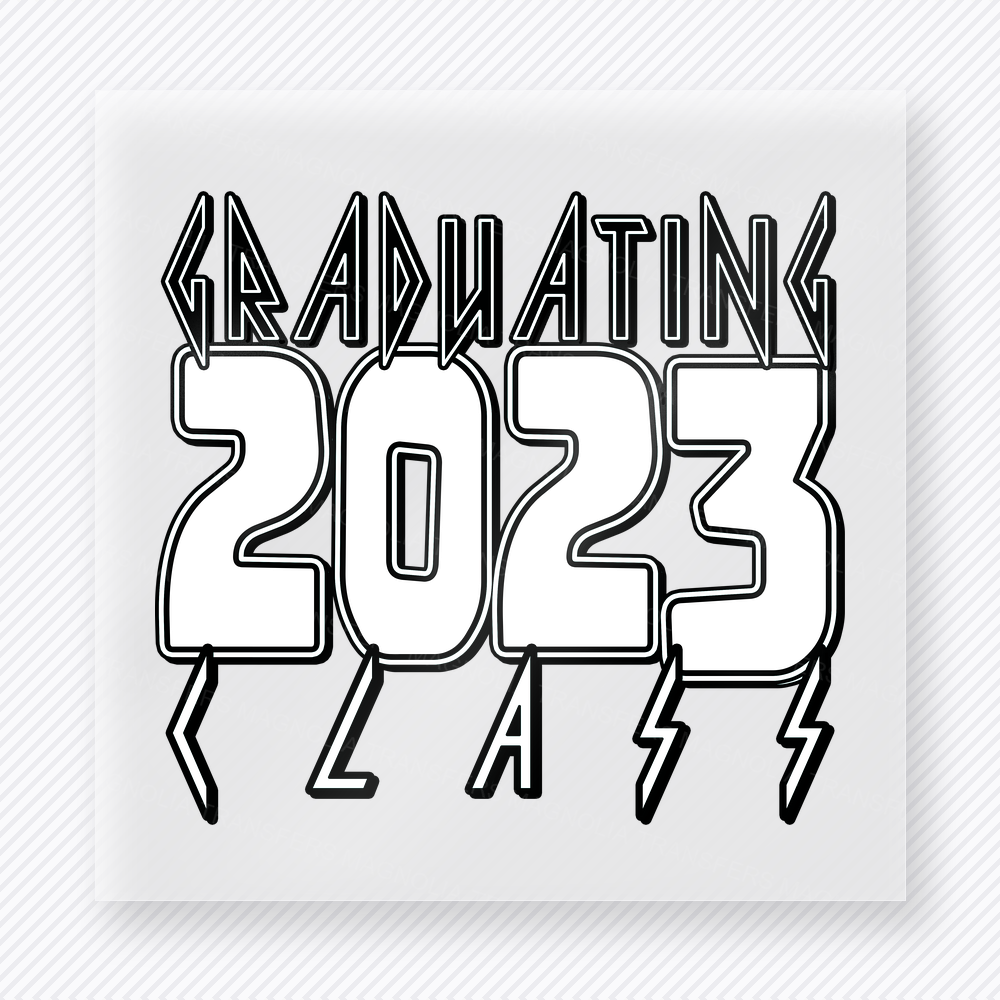 Graduating Class 2023 Black Lightning Seniors DTF transfer featuring black 2023 lettering with graduating class text and lightning details