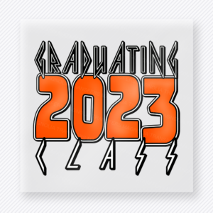 Graduating Class 2023 Orange Outline Seniors DTF transfer featuring orange 2023 lettering with black outline, graduating class text, and lightning details
