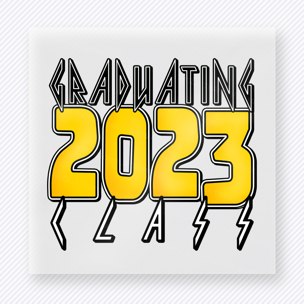 Graduating Class 2023 Gold Lightning Seniors DTF transfer featuring gold 2023 lettering with graduating class text and lightning details