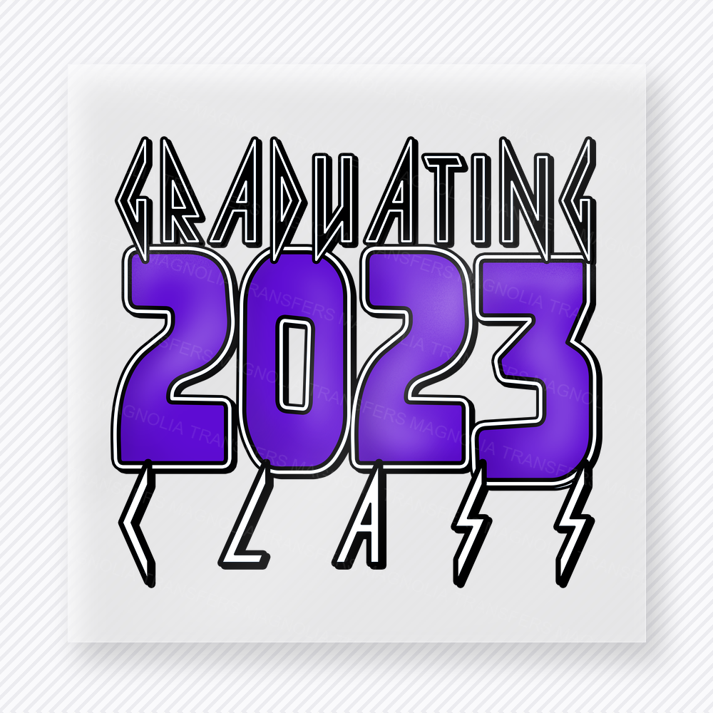 Graduating Class 2023 Purple Lightning Seniors DTF transfer featuring purple 2023 lettering with graduating class text and lightning details