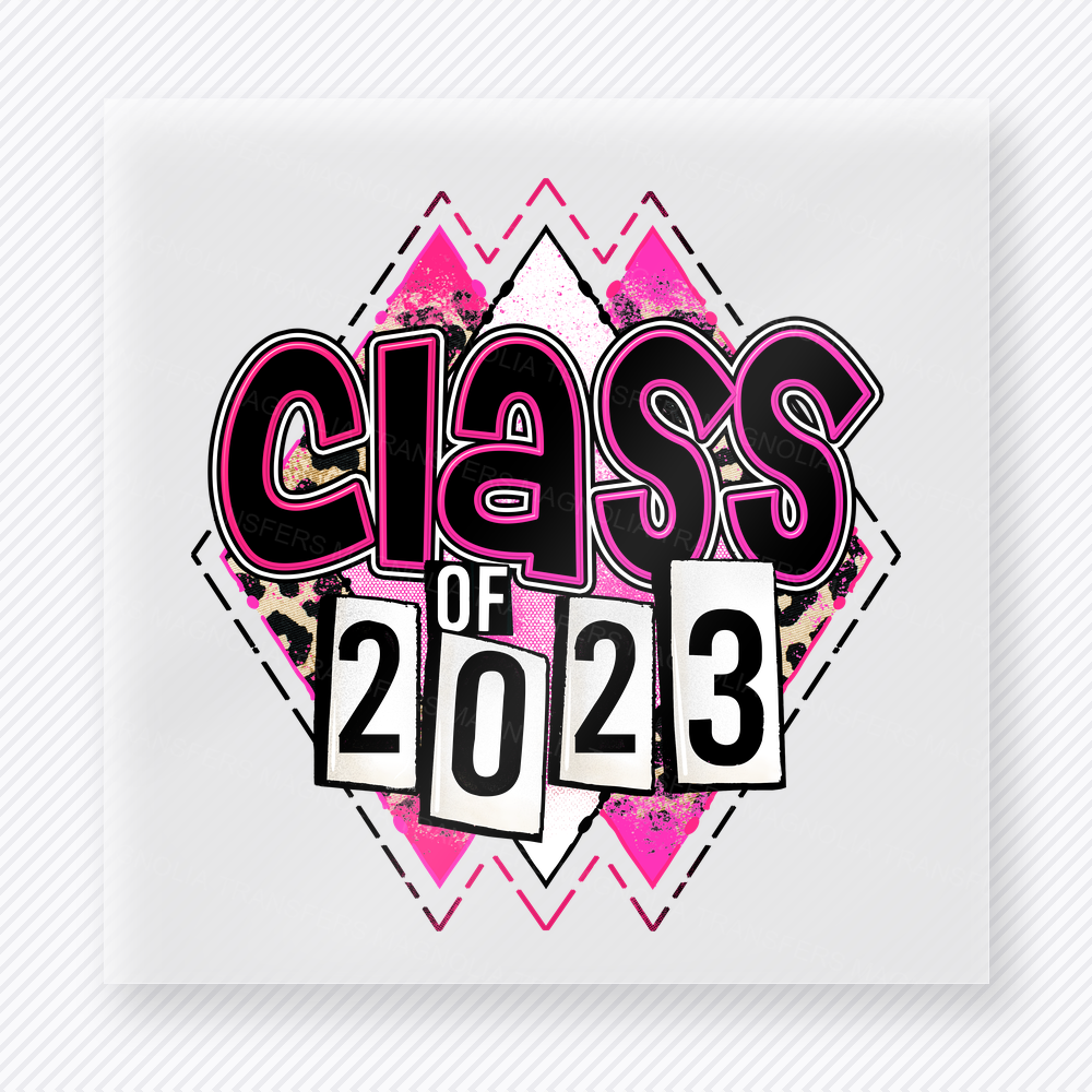 Class Of 2023 Pink Diamond Seniors DTF transfer featuring class of 2023 lettering over pink diamond shapes