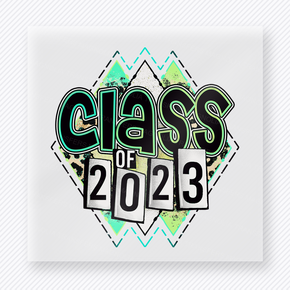 Class Of 2023 Mint Diamond Seniors DTF transfer featuring class of 2023 lettering over mint diamond shapes