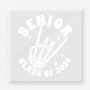 Senior Class Of 2024 White Seniors DTF transfer featuring white Senior Class of 2024 lettering with skeleton hand and cap details