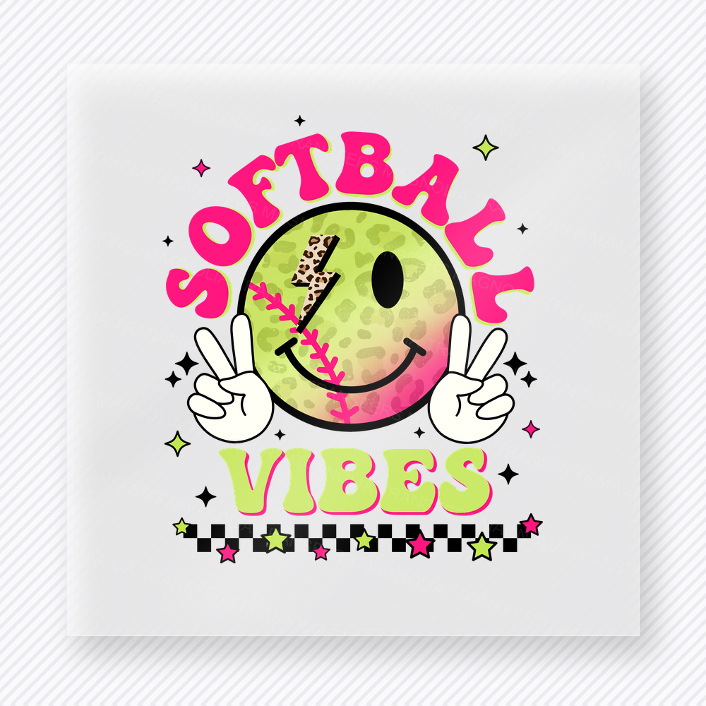Softball Vibes Pink Smiley Peace Signs Sports DTF Transfers