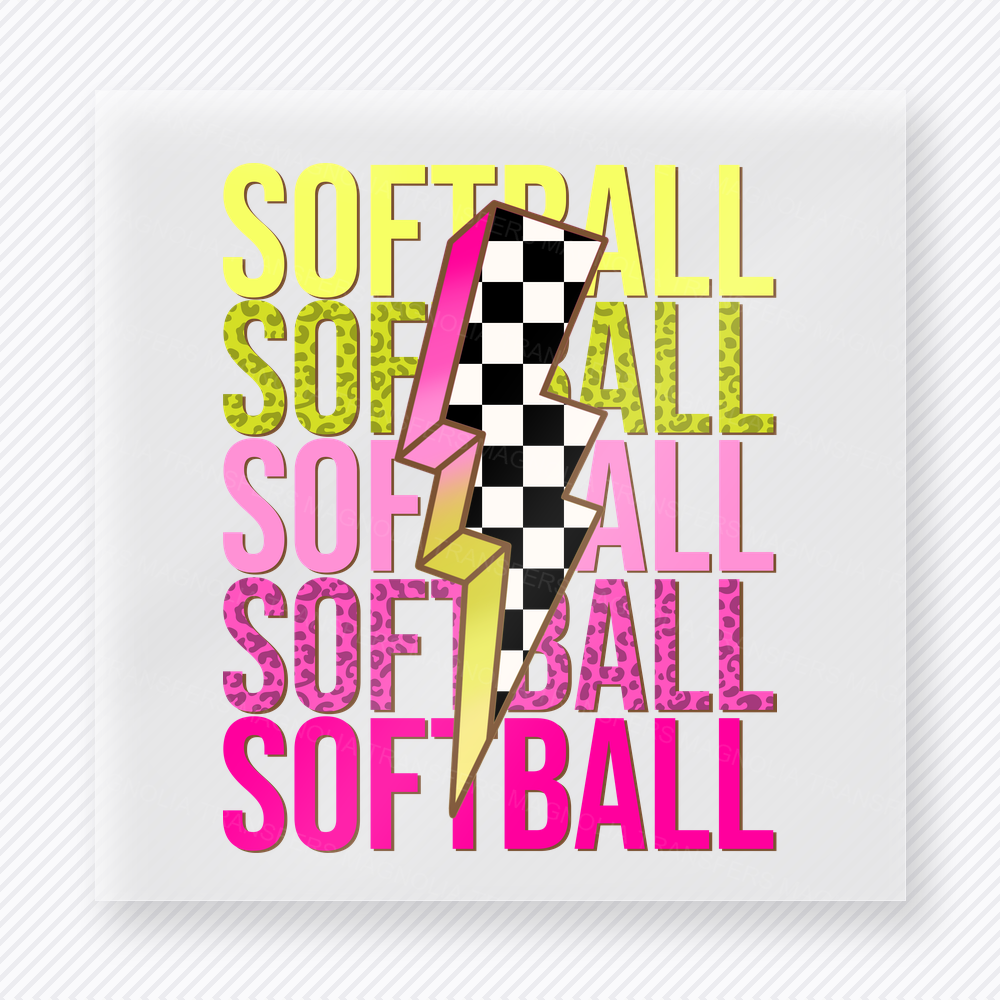 Softball Checkered Lightning Bolt Pink Green Sports DTF Transfers